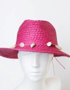 Shopika Palarie de paie impletita cu decoratiune din scoici fucsia