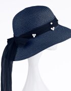 Shopika Palarie de paie impletita cu decoratiune funda cu perle fine bleumarin