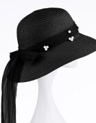 Shopika Palarie de paie impletita cu decoratiune funda cu perle fine neagra