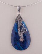 Shopika Pandant oval din scoica naturala paua shell albastra si decoratiune florala din argint 925