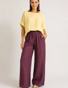 Shopika Pantaloni dama din in cu croi palazzo si talie elastica mov pruna