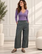 Shopika Pantaloni dama din jerseu de bumbac cu croi larg si fronseu lateral kaki