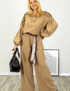 Shopika Pantaloni dama eleganti cappuccino palazzo cu talie inalta si croiala ampla