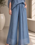 Shopika Pantaloni dama eleganti largi din matase si vascoza cu dublura albastru jeans usor prespalata