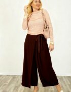 Shopika Pantaloni dama eleganti palazzo cu talie inalta si cordon decorativ maro