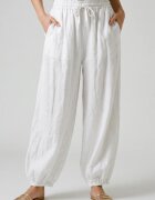 Shopika Pantaloni de vara din in croi balon cu elastic la glezna siret in talie albi