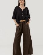 Shopika Pantaloni largi de vara din in cu croi lejer si curea din sfoara maro