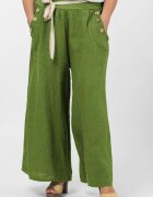 Shopika Pantaloni largi de vara din in cu nasturi din lemn la buzunare verde oliv