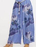 Shopika Pantaloni largi de vara masura mare din in albastru lavanda cu imprimeu flori albastre