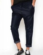 Shopika Pantaloni lungi bleumarin din piele ecologica cu snur in talie