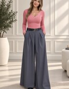 Shopika Pantaloni palazzo cu talie inalta pense si curea inclusa gri