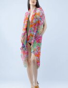Shopika Pareo plaja din material plisat matasos si usor imprimeu floral fucsia portocaliu si verde