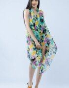 Shopika Pareo plaja din material plisat matasos si usor imprimeu floral galben mov si verde