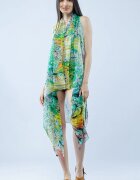 Shopika Pareo plaja din material plisat matasos si usor imprimeu marmorat verde si galben