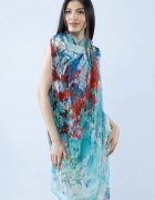 Shopika Pareo plaja din material plisat matasos si usor in nuante de turcoaz si corai