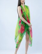 Shopika Pareo plaja din material plisat matasos si usor in nuante exotice de verde si fucsia