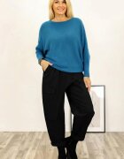 Shopika Pulover cu maneci fluture si perlute fine pe spate din vascoza turcoaz inchis