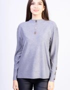 Shopika Pulover cu nasturei aurii pe decolteu si la maneci gri