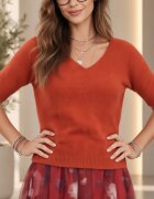 Shopika Pulover dama cu maneca scurta raglan si decolteu in V caramiziu