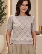 Shopika Pulover dama cu maneca scurta si model ajurat geometric bej