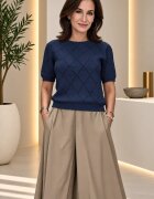Shopika Pulover dama cu maneca scurta si model ajurat geometric bleumarin