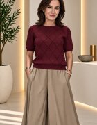 Shopika Pulover dama cu maneca scurta si model ajurat geometric bordo