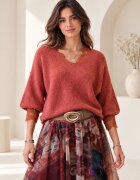 Shopika Pulover fin cu alpaca oversize cu maneca fluture caramiziu