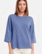 Shopika Pulover maneca 3 4 cu aplicatii manuale din paiete si margelute din tricotaj fin bleu