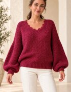 Shopika Pulover pufos bordo oversize cu dantela la decolteu in V si maneci bufante