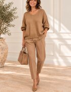 Shopika Pulover pufos camel oversize cu dantela pe margini si decolteu in V