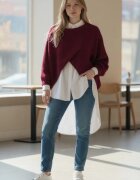 Shopika Pulover tip poncho petrecut asimetric cu lana bordo