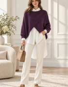Shopika Pulover tip poncho petrecut asimetric cu lana mov inchis