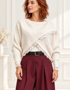 Shopika Pulover tip poncho petrecut asimetric cu lana si dantela alb ivory