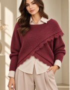 Shopika Pulover tip poncho petrecut asimetric cu lana si dantela bordo