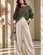 Shopika Pulover tip poncho petrecut asimetric cu lana si dantela kaki