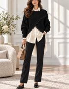 Shopika Pulover tip poncho petrecut asimetric cu lana si dantela negru