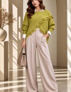 Shopika Pulover tip poncho petrecut asimetric cu lana si dantela verde oliv