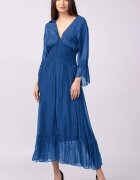 Shopika Rochie albastra din matase si vascoza cu banda elastica in talie si volane