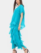 Shopika Rochie albastru azur din matase si vascoza cu volane franjurate suprapuse