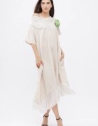 Shopika Rochie bej usor asimetrica A-line din in cu guler si volan din matase oversize