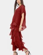 Shopika Rochie bordo din matase si vascoza cu volane franjurate suprapuse