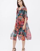 Shopika Rochie camasa A-line din matase si vascoza cu dublura imprimeu pictural cu rosu si turcoaz