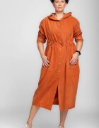 Shopika Rochie camasa din catifea reiata cu gluga si siret in talie caramizie
