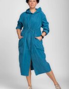 Shopika Rochie camasa din catifea reiata cu gluga si siret in talie turcoaz