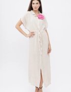 Shopika Rochie camasa din in cu snur in talie bej