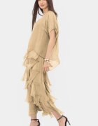 Shopika Rochie camel deschis din matase si vascoza cu volane franjurate suprapuse
