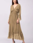 Shopika Rochie camel din matase si vascoza cu banda elastica in talie si volane
