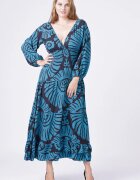 Shopika Rochie cu banda elastica in talie si volane imprimeu turcoaz-negru