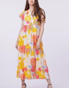 Shopika Rochie cu bust petrecut si imprimeu floral pe fond galben