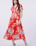 Shopika Rochie cu bust petrecut si imprimeu floral pe fond rosu